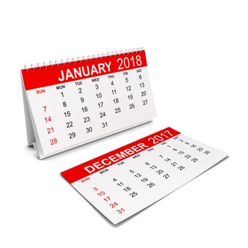 2018 year calendar. Week starts with sunday. 3d illustration isolated on white background