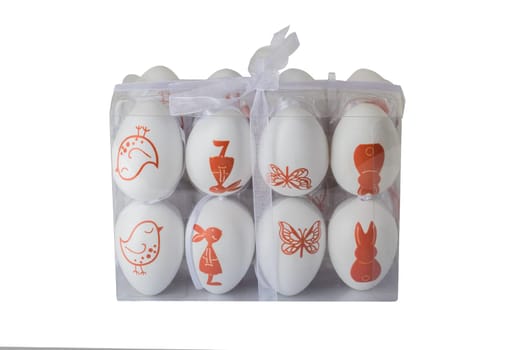 Colorful decorative easter eggs in gift box isolated on white background. Easter holidays.