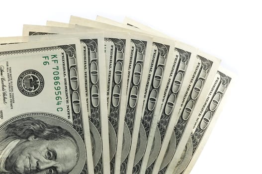 Parts of the $ 100 bills are fan-shaped from the bottom. Isolated.