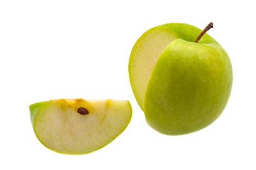 Slice is cut from a large fresh green apple on a white background. Isolated.