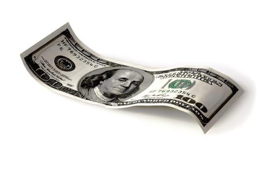 A hundred dollar bill is made up on a white background.