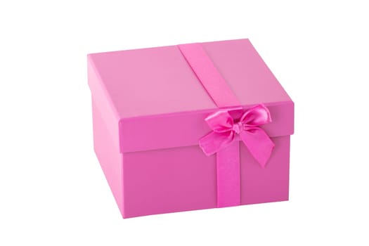 Pink gift box with pink ribbon bow isolated on a white background.