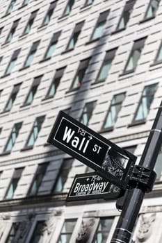 Wall St. street sign in lower Manhattan, New York City, USA.