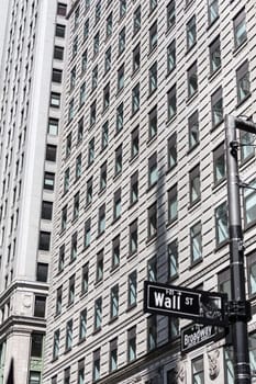 Wall St. street sign in lower Manhattan, New York City, USA.