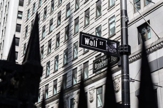 Wall St. street sign in lower Manhattan, New York City, USA.