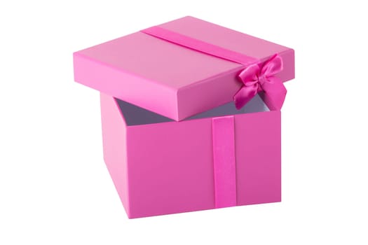Pink gift box with pink ribbon bow isolated on a white background.