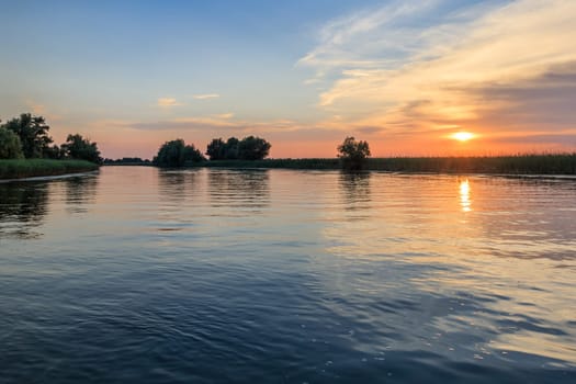 sunset in the Danube Delta, Romania, Europe
