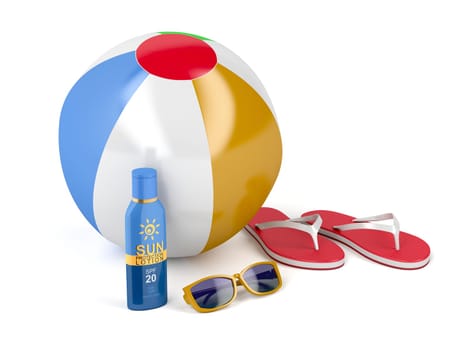 Beach ball, flip-flops, sunscreen lotion and sunglasses on white background