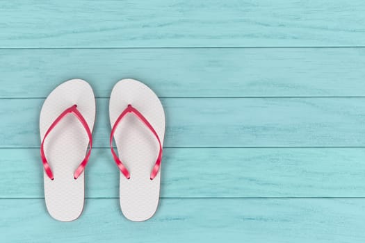 White flip flops on wooden floor, top view