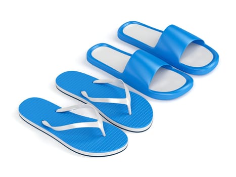 Flip flops and rubber slides on white background