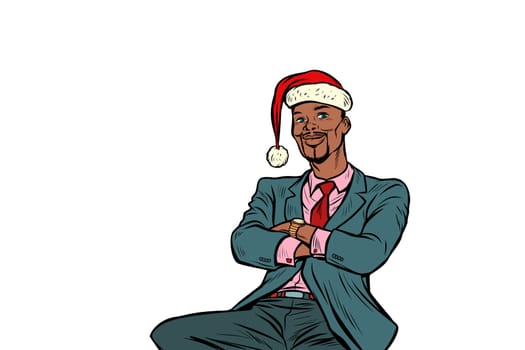 African businessman in a Christmas hat. Pop art retro vector illustration vintage kitsch