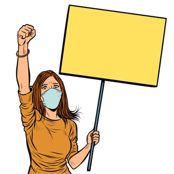 woman in medical mask protests with a poster. isolate on white background. Pop art retro vector illustration vintage kitsch drawing