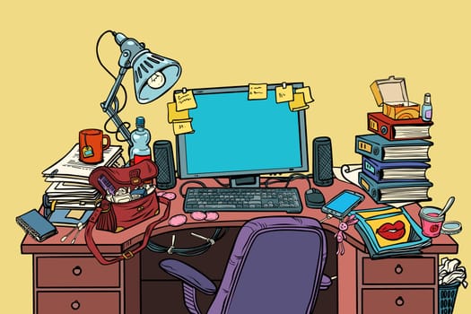 Female workplace with computer. Pop art retro vector illustration vintage kitsch