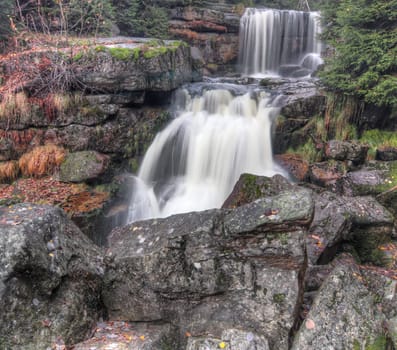 Waterfalls on Jedlona brook in autumn, Jizera Mountains, Czech Republic
