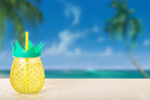 Drinking a fresh ananas juice from ananas glasses at he tropical beach. Summer holiday concept.