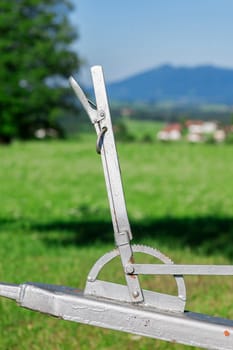 Closeup of an old mobile water potions on green pasture pasture in Bavaria.