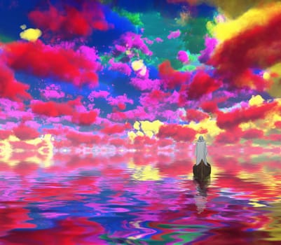 Figure in white cloak in a boat. Vivid colorful clouds are reflected in water.