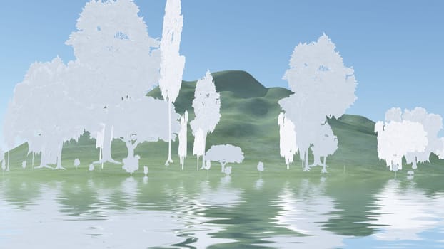 Surrealism. White paper trees at base of small mountain.