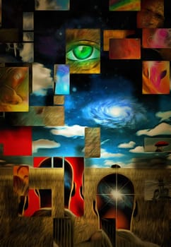 Surreal composition. Square elements. Green eye. Different thoughts in men's heads.
