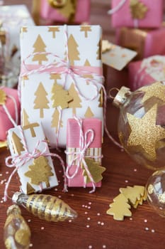 Little presents in festive gift wrapping for christmas