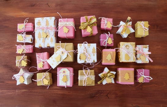 Little presents in festive gift wrapping for christmas