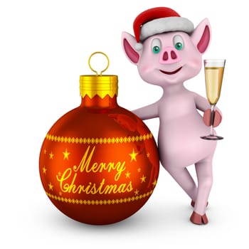 Piglet with a glass of wine next to the ball with the inscription Merry Christmas. 3d rendering.
