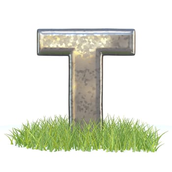 Galvanized metal font Letter T in grass 3D render illustration isolated on white background