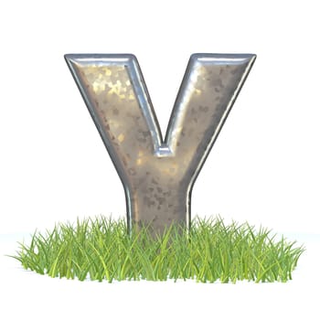 Galvanized metal font Letter Y in grass 3D render illustration isolated on white background