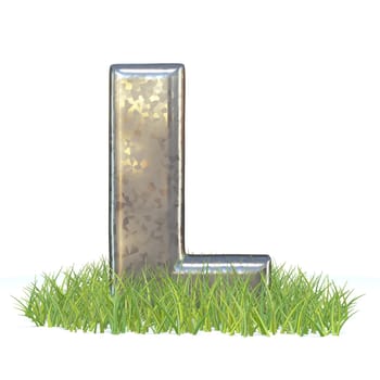 Galvanized metal font Letter L in grass 3D render illustration isolated on white background