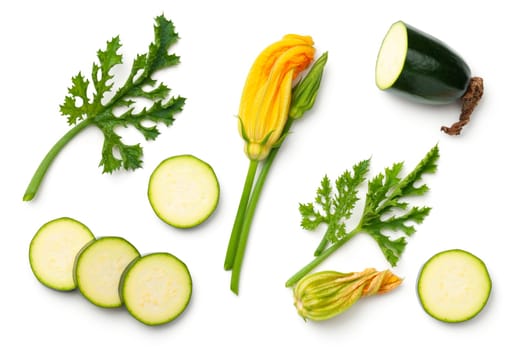 Green zucchini with leaf and flower isolated on white background Top view