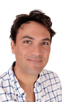 A closeup portrait image of a young mans head with short black.hair in a checkered shirt, isolated for white background.