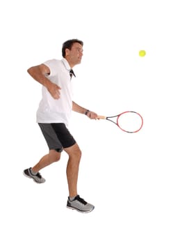 A full body image of a tennis player practicing his game in the studio.with his yellow ball, isolated for white background.