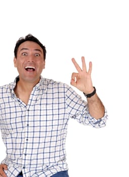 A handsome happy young man with his mouths open signs with his.hands it is perfect, smiling, isolated for white background.