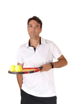 A close-up image of a handsome man in a white shirt holding his .racquet with his yellow balls, isolated for white background.