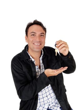 A close-up image of a young happy man showing his new key's for his.new apartment, smiling, isolated for white background.