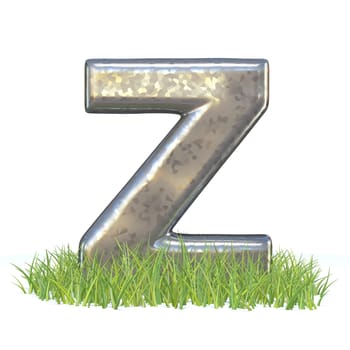 Galvanized metal font Letter Z in grass 3D render illustration isolated on white background