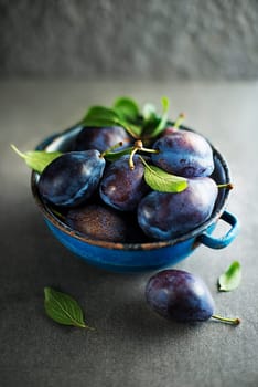 Fresh blue plums with leaves on stone table close up