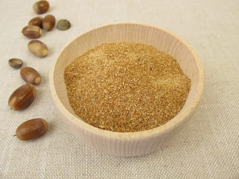 Homemade acorn flour in wooden bowl