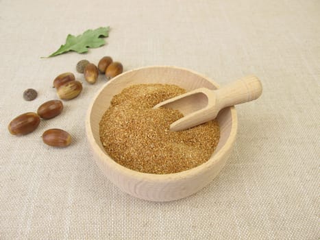 Homemade acorn flour in wooden bowl