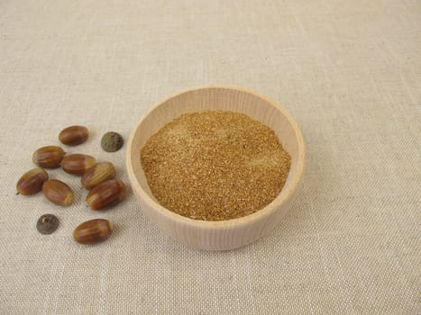 Homemade acorn flour in wooden bowl