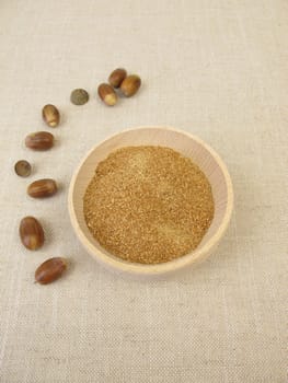 Homemade acorn flour in wooden bowl