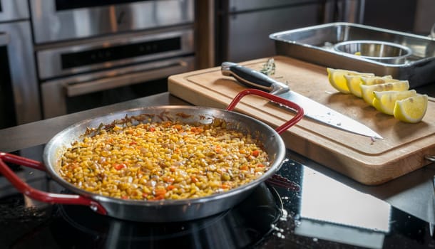 Semi-finished paella, ready for adding seafood