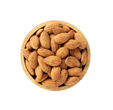 Dry almonds in wooden bowl isolated on white background, top view on wooden. Healthy food concept