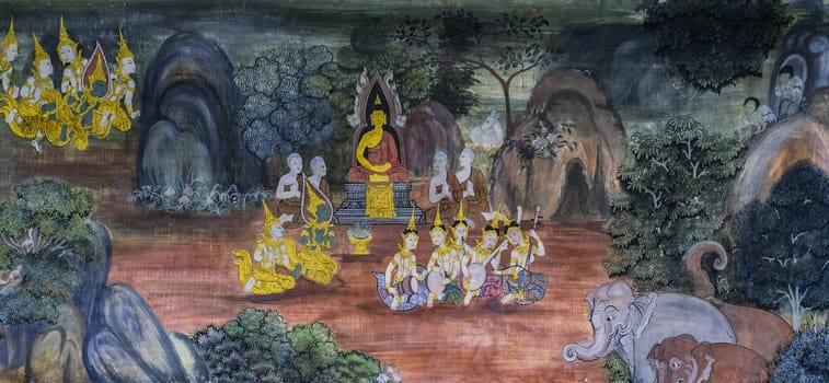 BANGKOK ,THAILAND - NOVEMBER 5, 2014 : Ancient Buddhist temple mural painting of the life of Buddha inside of Wat Pho in Bangkok, Thailand