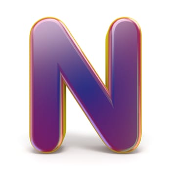 Letter N purple font yellow outlined 3D rendering illustration isolated on white background
