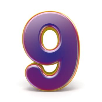 Number NINE 9 purple font yellow outlined 3D rendering illustration isolated on white background