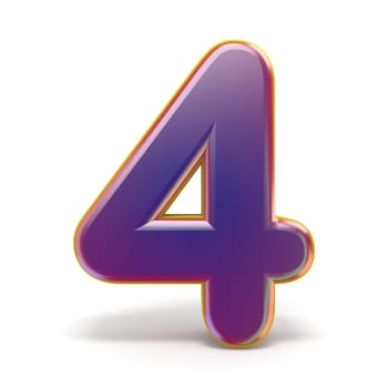 Number FOUR 4 purple font yellow outlined 3D rendering illustration isolated on white background