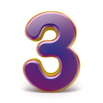 Number THREE 3 purple font yellow outlined 3D rendering illustration isolated on white background