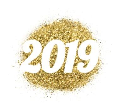 2019 of gold glitter on white background, symbol of New Year for your greeting card design.