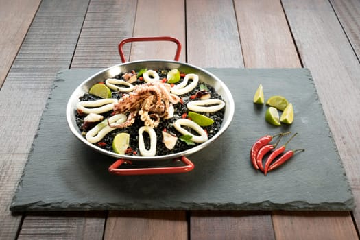 black rissoto with squid and ink sauce.